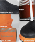 Steel Toe Rubber Boots For Men With Puncture Proof Steel Shank Waterproof Insulated 6mm Neoprene Work Boots With Reflective Strips For Farming Manufacturing And Construction Black Orange Size 8 viewed in detail with focus on waterproof rubber, reflective strips, easy kick-off design, safety lining, and steel toe protection.