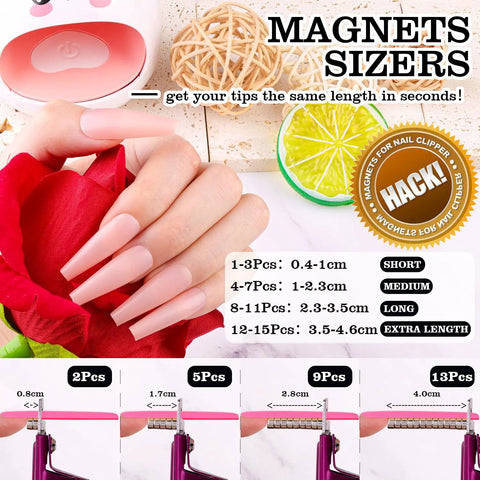 Premium Adjustable Nail Clippers With Magnets And Sizers For Acrylic Nails showing magnet sizers usage and measurements