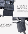 Oversized Folding Rocking Camping Chair With Padded Comfort Portable Rocker For Patio Lawn And Outdoors Heavy Duty Armchair Supports Up To 400 Lbs Gray For Adults with storage pockets and cup holder
