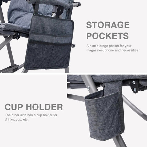 Oversized Folding Rocking Camping Chair With Padded Comfort Portable Rocker For Patio Lawn And Outdoors Heavy Duty Armchair Supports Up To 400 Lbs Gray For Adults with storage pockets and cup holder