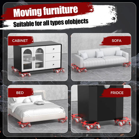 Kavlium Heavy Duty Furniture Dollies With 5-Wheel Movers under various furniture including sofa and cabinet for easy moving.