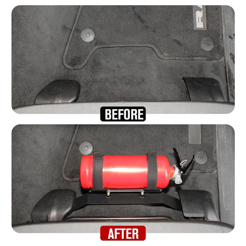 Before and after installation of Under Front Seat Fire Extinguisher Bracket Mount for Dodge RAM 2018 to 2025 Heavy Duty.