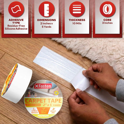 Hands applying Double Sided Rug Gripper Tape for Carpets and Hardwood Floors 2 Feet By 5 Yards Three Inch Core Easy To Use Area Rug Tape