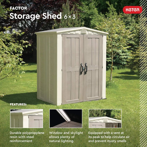 Factor 6x3 Outdoor Storage Shed Kit For Patio Furniture Lawn Tools Bikes Beach Gear Plus More Durable Resin Construction Won’t Peel Rot Or Rust Easy Assembly With 110 Cu Ft Capacity In Taupe And Brown