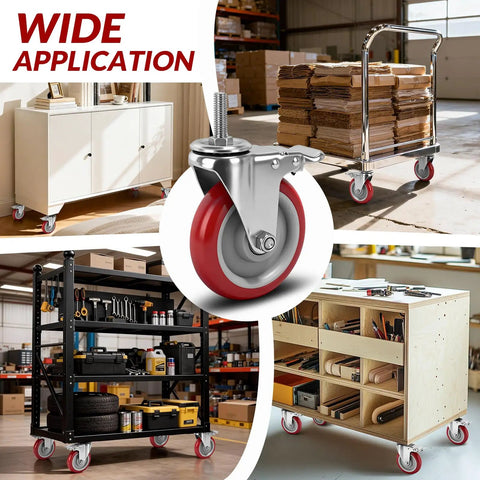 High-quality Heavy Duty 5 Inch Locking Swivel Caster Wheels For Furniture With Threaded Stem and Surefire Side Brake, versatile usage.