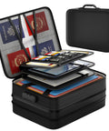 Open 5200 Fahrenheit Fireproof Document Box With Lock Expandable File Organizer showcasing storage compartments for papers and valuables.