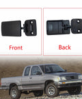 Rear Sliding Window Lock Latch Replacement For Toyota Tacoma Hilux T100 Pickup And 4Runner Quarter Window In Black Plastic Compatible With 69370 35010 Easy Install No Fuss Fit Built To Last For 1989 Through 2005 Models, front and back view of latch against a dirt background.