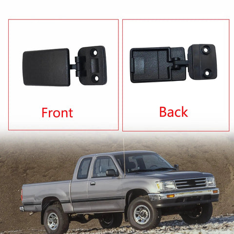 Rear Sliding Window Lock Latch Replacement For Toyota Tacoma Hilux T100 Pickup And 4Runner Quarter Window In Black Plastic Compatible With 69370 35010 Easy Install No Fuss Fit Built To Last For 1989 Through 2005 Models, front and back view of latch against a dirt background.