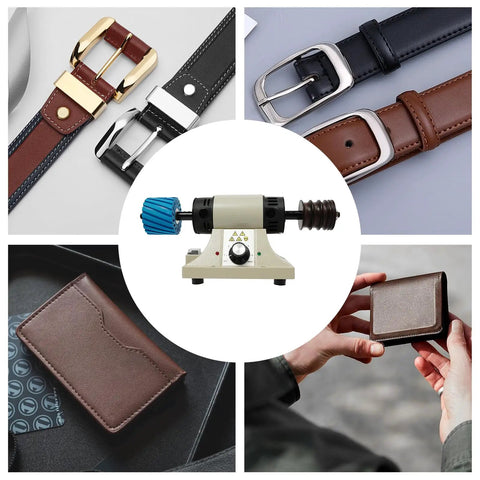 Premium Electric Leather Edge Burnishing Machine With 350W Pure Copper Motor And Cast Iron Build for working on leather belts and wallets.