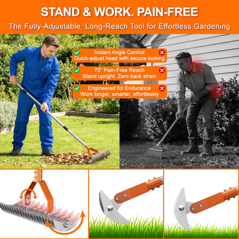 Man using Heavy Duty Thatch Rake for Lawn with 68 Inch Adjustable Handle 15 Inch Dethatcher Rake Dual Action Tines in garden