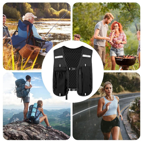Lightweight hydration vest for runners with adjustable chest straps, stable bladder, breathable mesh, quick refill access in black, multi pocket pack.