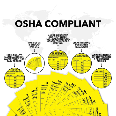OSHA compliant yellow 4 Year Fire Extinguisher Inspection Tags 25 Pack Durable UV Waterproof Never Tear Digital Polyester