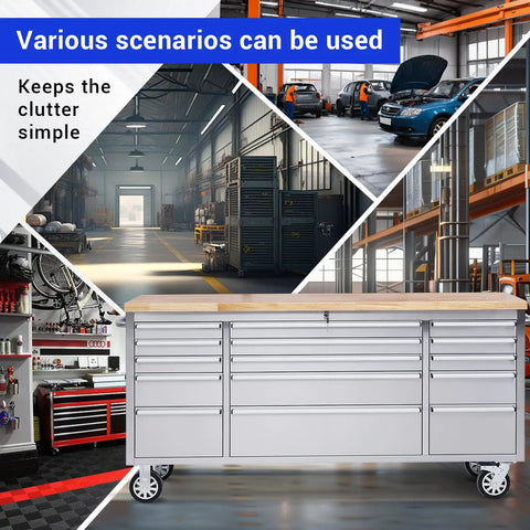 72 Inch Mobile Tool Chest With 15 Drawers And An 18 Inch Deep Wood Top, shown in various garage and workshop settings.