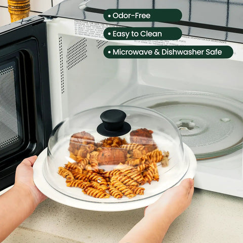 2 In 1 Glass Microwave Splatter Cover And Plate Mat Set With Easy Grip Silicone Handle in use, covering pasta dish