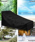 Heavy Duty Chaise Lounge Covers 2 Pack With Storage Bag Buckles and Drawstring Waterproof and UV Resistant All Season Outdoor Lounge Chair Covers 82 Inch Long by 29 Inch Wide by 31 Inch High in waterproof, sunproof, windproof, snowproof conditions.