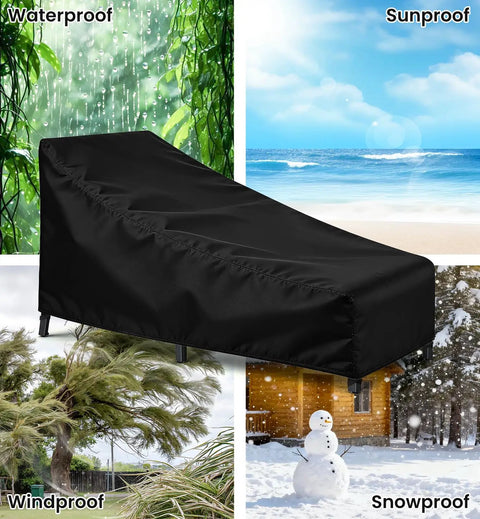 Heavy Duty Chaise Lounge Covers 2 Pack With Storage Bag Buckles and Drawstring Waterproof and UV Resistant All Season Outdoor Lounge Chair Covers 82 Inch Long by 29 Inch Wide by 31 Inch High in waterproof, sunproof, windproof, snowproof conditions.
