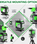 4x360 Degree Green Cross Line Laser Level With Self Leveling Ideal For Construction And Picture Hanging Rechargeable Battery Remote Control Magnetic Rotating Stand Pro Grade Bright Beam For Indoor Outdoor Use DIY Ready, shown with wall, tripod and magnetic mounts