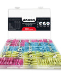 302 Pcs Heat Shrink Wiring Connectors Kit with crimp insulated terminals in a clear organized box, red, blue, yellow colors visible.