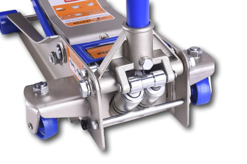 Close-up of Beefy 3 Ton Heavy Duty Ultra Low Profile Steel Floor Jack With Quick Lift For Easy Underbody Lifts Dual Pump System