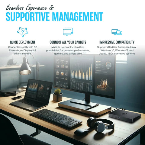 Office desk setup with WD19S Dual Monitor Docking Station With 180W Power USB C HDMI And Dual DisplayPort For Laptops Boss Level