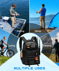 Collage showing 50L Fishing Tackle Backpack With Removable Lure Wraps for fishing, cycling, hiking, camping. Black backpack with tools.