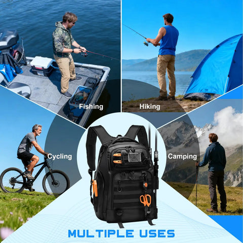 Collage showing 50L Fishing Tackle Backpack With Removable Lure Wraps for fishing, cycling, hiking, camping. Black backpack with tools.