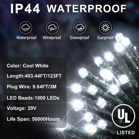 IP44 waterproof 403Ft 1000 LED Outdoor Christmas Lights with specs including 8 modes, timer, and plug in, cool white glow