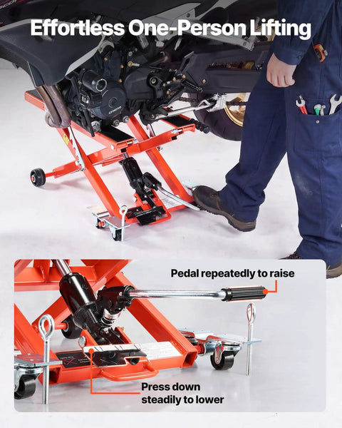 Hydraulic Motorcycle Lift Jack 1100 Lbs Capacity, Portable Scissor Lift Stand With Six Wheels, Foot Operated Hoist For Dirt Bikes, Adjustable Height From 4.72 To 15.15 Inches, Easy Use And Maintenance