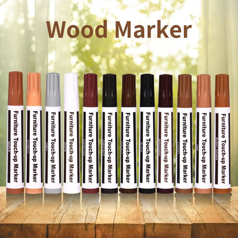 Heavy Duty Furniture Repair Kit Wood Markers And Wax Sticks For Crushing Bad Scratches And Deep Gouges Touch Up Tools For Hardwood Floors Desks Tables 25 Piece Set To Get Things Fixed With No Sweat And Looking Brand Spanking New: Twelve wood markers in various colors on a wooden table.