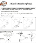 Diagram showing how to adjust and install the Soft Close Round Toilet Seat In Molded Wood With Quiet Slow Close, Decorative Ocean Print On All Sides.