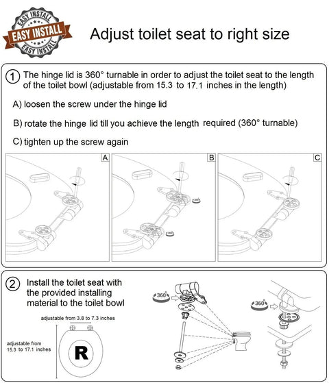 Diagram showing how to adjust and install the Soft Close Round Toilet Seat In Molded Wood With Quiet Slow Close, Decorative Ocean Print On All Sides.