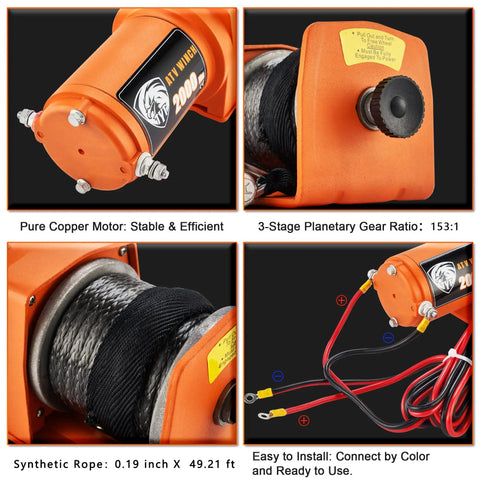 Heavy Duty 2000 Lb ATV UTV Winch With Synthetic Rope Kit, 12V Waterproof Tow Winch For Off Road, Boat, And Towing, Includes Mounting Plate And Wired Remote