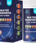 Fast 30 Second Water Hardness Test Strips For Home Use, 150 Strips box and bottle showing color chart for soft to very hard water.