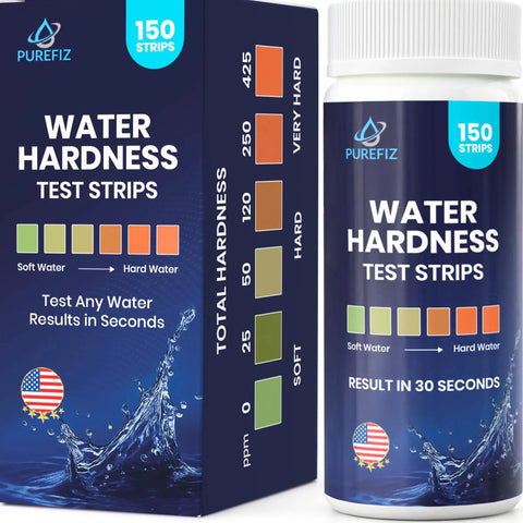 Fast 30 Second Water Hardness Test Strips For Home Use, 150 Strips box and bottle showing color chart for soft to very hard water.