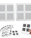 Nukinp Disposable Hair Drain Stickers, 60 Pack 4x4 Fiberglass Disposable Drain Covers Self Adhesive on white background.