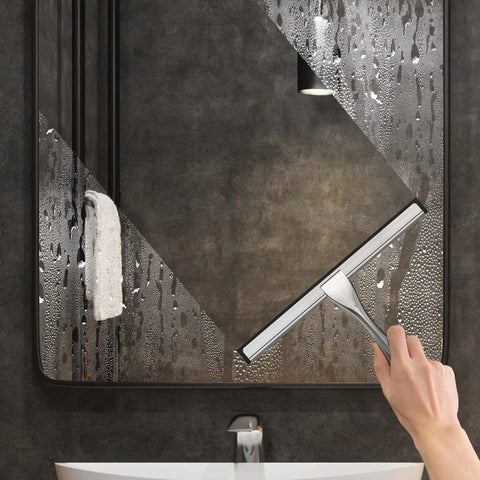 Stainless steel shower squeegee with 10-inch blade and two adhesive hooks for glass doors, silver.