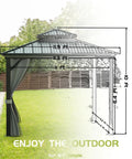 Side view of 12x12 Hardtop Gazebo With Beefy Double Roof And Mosquito Net, Aluminum Frame And Galvanized Steel Top Canopy, Privacy Curtain