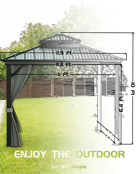 Side view of 12x12 Hardtop Gazebo With Beefy Double Roof And Mosquito Net, Aluminum Frame And Galvanized Steel Top Canopy, Privacy Curtain