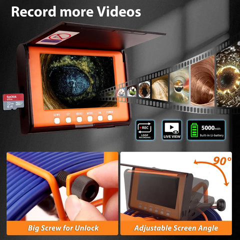Heavy Duty Sewer Camera Kit For Pipe Inspection 100ft Borescope With Six LEDs 5 Inch IPS Screen 1080P HD Lens 17mm Probe IP68 Waterproof 5000mAh Battery Great For Plumbing Clogs And Drain Troubleshooting, orange monitor with cable