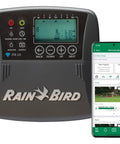 Smart Indoor WiFi Sprinkler Timer With 8 Zone Control, WaterSense Certified Irrigation System Controller next to smartphone app