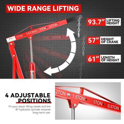 Two Ton Hydraulic Engine Hoist crafted as a garage workhorse for straight up heavy transmissions and motors includes foldable cherry picker arm.