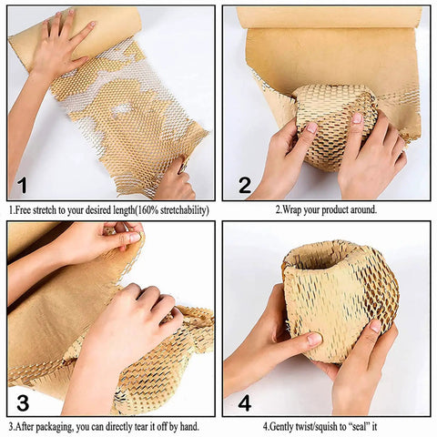 Eco Friendly Honeycomb Packing Paper Wrap 15 Inch By 131 Foot Roll With 20 Fragile Stickers Natural Kraft Brown Biodegradable And Fully Recyclable Cushioning For Moving Shipping And Safe Packing Of Delicate Items being stretched, wrapped, torn, and sealed by hand