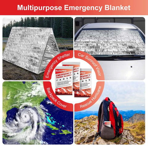 Multipurpose use of 9 Pack Emergency Blankets For Outdoor Survival Gear, Mylar Thermal Space Blankets for insulation, weather protection.