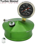 Green aluminum Turbo Boost Leak Tester with 30 PSI boost gauge and hose barb