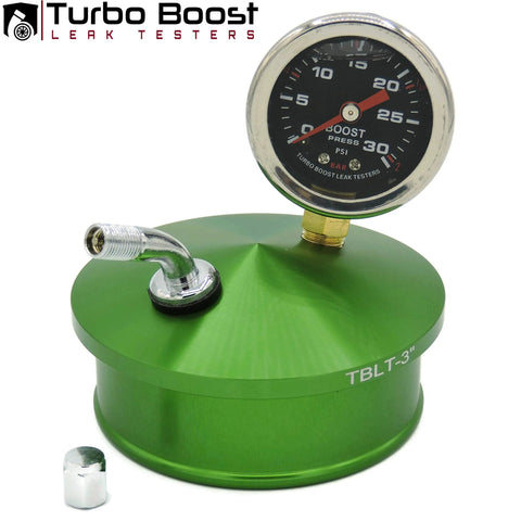 Green aluminum Turbo Boost Leak Tester with 30 PSI boost gauge and hose barb
