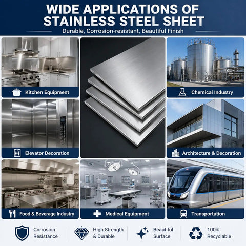 Collage showing 304 Stainless Steel Plate Heavy Duty Metal Sheet For Fabrication Built To Last applications in various industries.