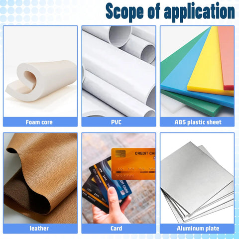 Application of R3 And R5 Corner Rounder Blade Set for cutting foam core, PVC, ABS plastic sheet, leather, cards, and aluminum plates.