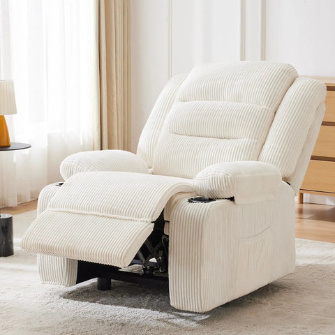 Power Pushback Electric Recliner With Cup Holders For Adults Ultra Comfy Home Theater Seating One Motion Reclining Chair For Living Room Smooth Backrest And Footrest In Stripe White, fully reclined in a cozy living room setting.