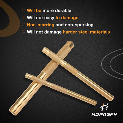 Drift Punch Set 3-Piece for Pin Removal and Alignment Includes Three Quarter Inch 19mm by Eight Inch, Brass Punches on dark background.