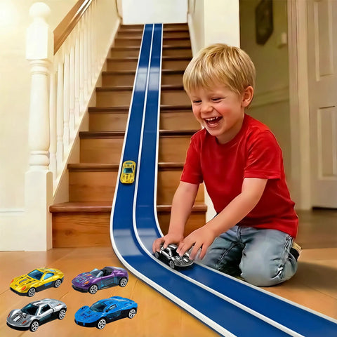 Child playing with 15-Foot Build-Your-Own Creative Race Track Set For Kids With Bold Blue And White Track Toy Cars on staircase